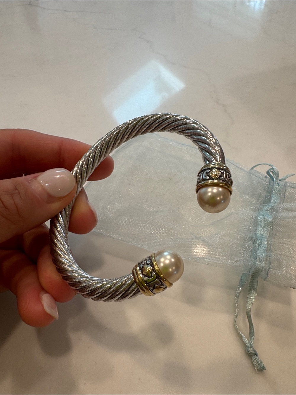 Elegant Silver-Tone Pearl Cable Cuff Bracelet